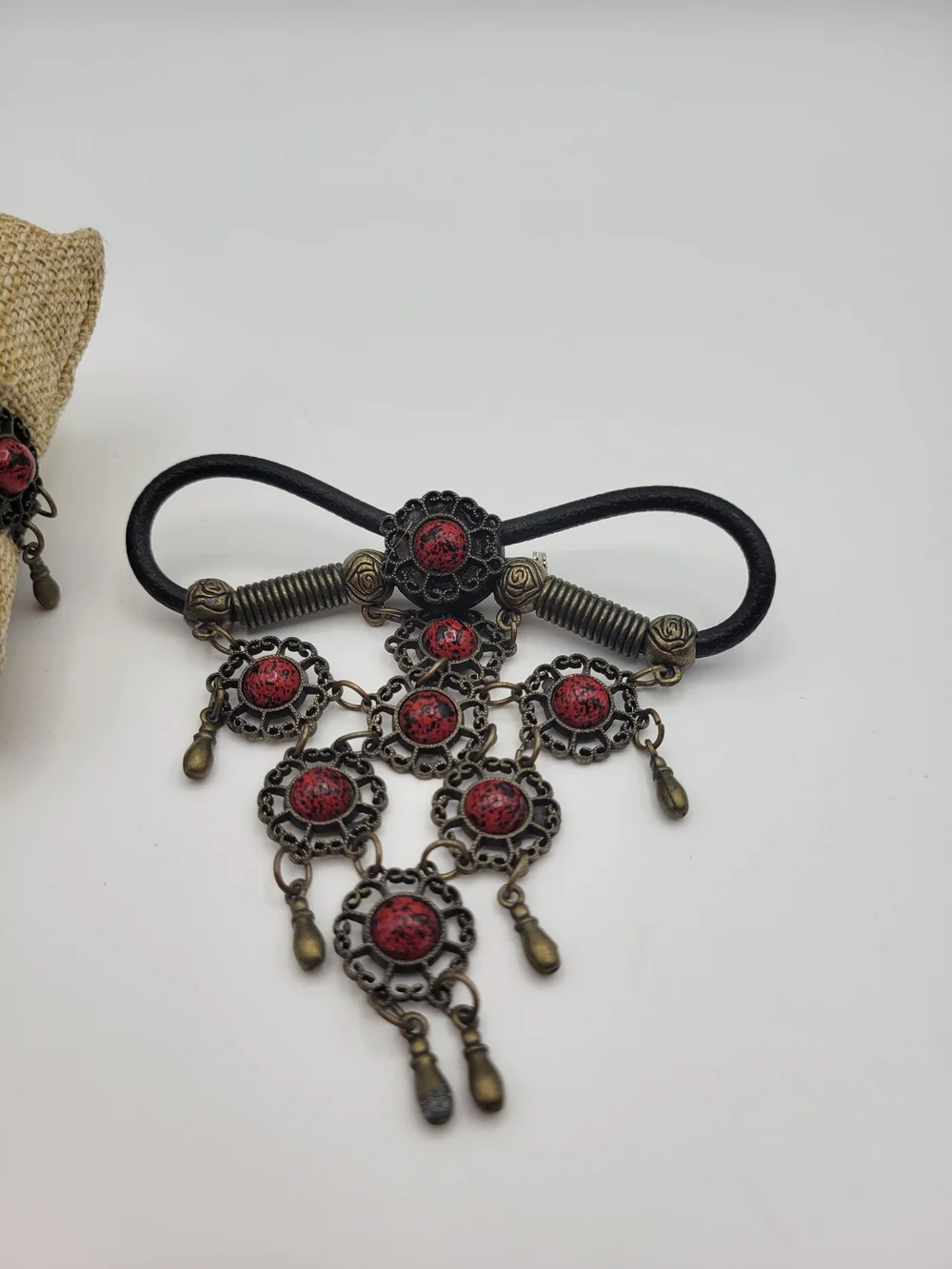 Vintage-Inspired Red Stone And Gunmetal Brooch And Bracelet Set